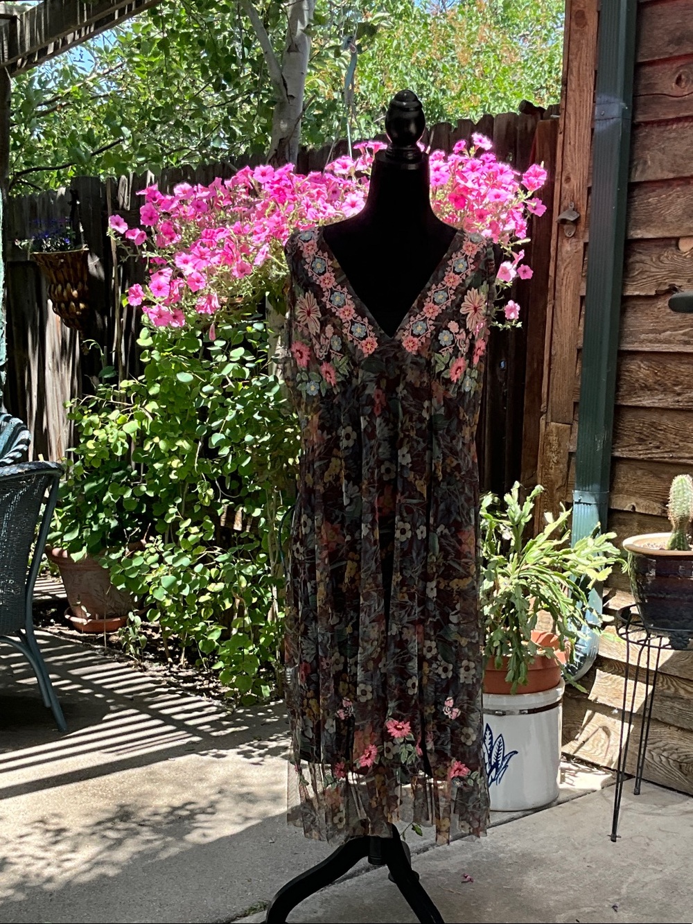 Johnny Was Black Sheer Midi Dress with Pink Floral Embroidery